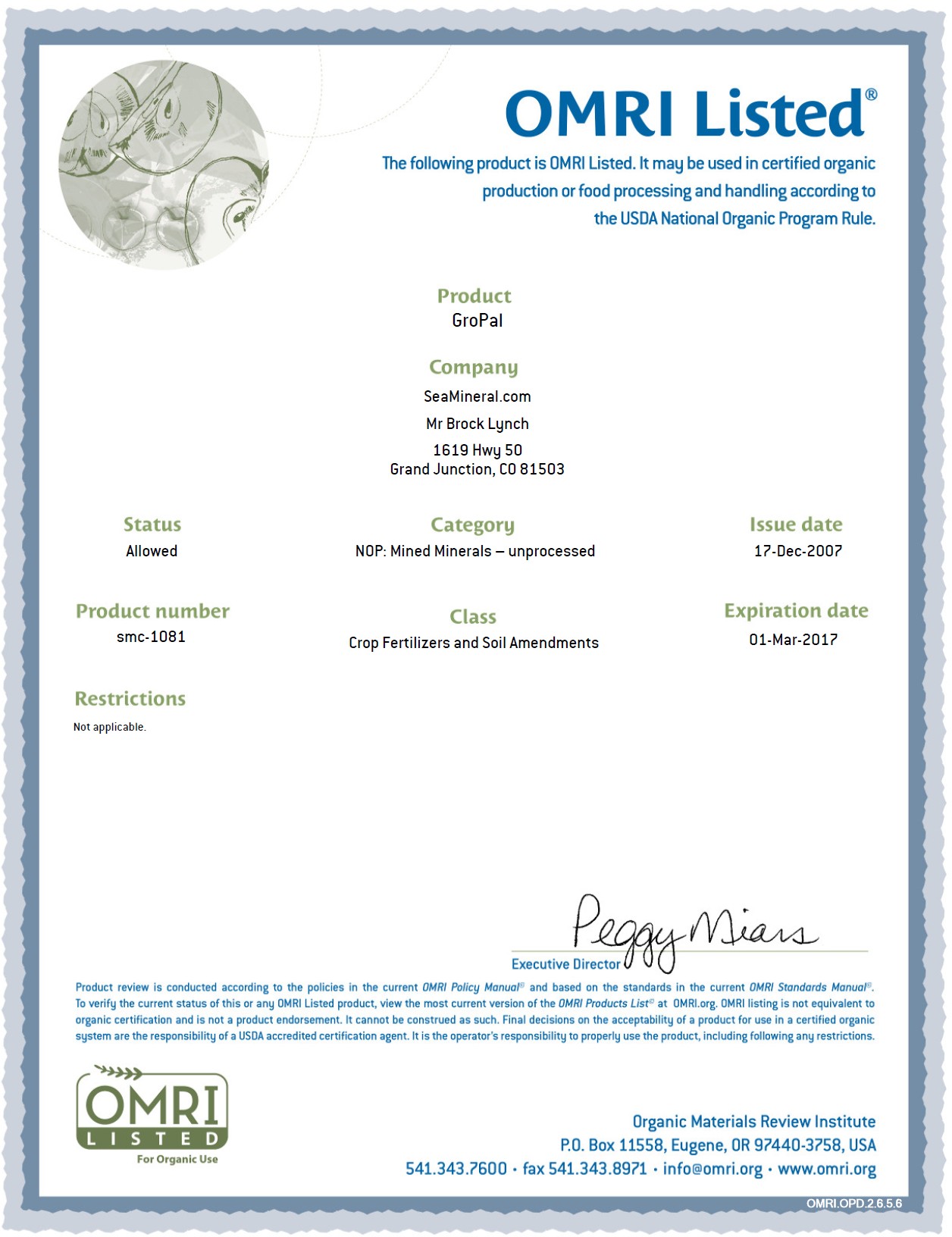 GroPal OMRI certificate